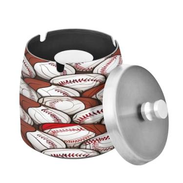 Imagem de Blueangle Cinzeiro com estampa de bolas de beisebol com tampa para cigarros, à prova de vento/chuva, aço inoxidável, sem fumaça, inodoro, cinzeiro para uso interno ou externo (553)