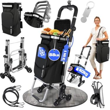 Imagem de Carrinho dobrável com rodas à prova d'água 39,9 kg, suporte telefônico e cordas elásticas para compras de supermercado – carrinho de supermercado sobre rodas dobrável – carrinhos com rodas para