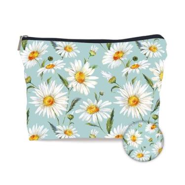 Imagem de FYSUIMU Bolsa de maquiagem de margarida com espelho compacto, bolsa de cosméticos floral de primavera com zíper para lembrancinha de festa feminina