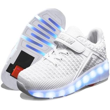 Imagem de Ufatansy tênis de skate com rodinhas recarregáveis USB para meninos e meninas, tênis fashion com rodas, superfície de malha confortável, dia de Ação de Graças, melhor presente de Natal, I-single White, 4 Big Kid