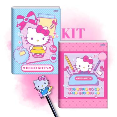 Imagem de KIT 2 Cadernos Hello Kitty Brochurão + 1 Lápis con ponteira. 1 KIT Escolar Brochura Costurado Universitario Capa Dura (Estojo + Azul)
