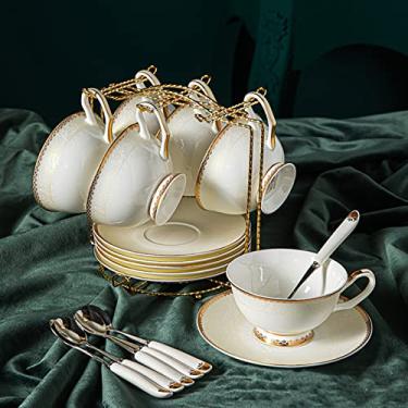 Imagem de LMJYU Conjunto de xícara de chá de cerâmica, xícara de café de porcelana de osso estilo europeu, conjunto de chá da tarde estilo britânico, caixa de copo de água retrô Bone China para café restaurante
