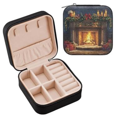 Imagem de Wassud Estojo de joias de viagem quente para lareira de Natal para mulheres, meninas, senhoras, noiva, mini organizador de joias de couro PU, caixa quadrada de armazenamento de joias para brincos