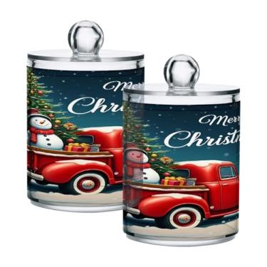 Imagem de STAYTOP 2 frascos de boticário Qtip para banheiro com etiquetas – Recipiente de armazenamento Qtip de plástico transparente para bola de algodão, cotonete, grão de café, caminhão vermelho de Natal e