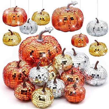 Imagem de Lenwen 12 peças de discoteca abóboras artificiais glitter abóboras espelho discoteca outono ação de graças abóbora ornamento pendurado casa de fazenda abóboras rústicas abóbora espumante para decoração de centro de mesa de árvore de outono