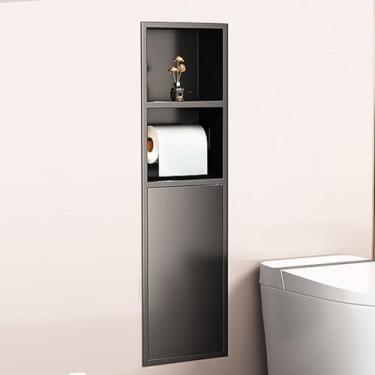 Imagem de uhyOHF Organizador de nicho de chuveiro de aço inoxidável, prateleira de banheiro montada na parede com suporte de papel higiênico integrado e lixeira ideal para cozinha, sala de estar, hotel e