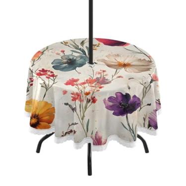 Imagem de CEBUGI Toalha de mesa redonda para uso ao ar livre, colorida, floral, impermeável, com furo Umberlla, capa de mesa lavável para pátio, cozinha, sala de jantar, 152 cm