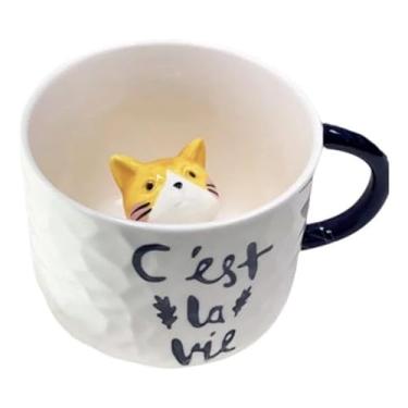 Imagem de Caneca Cerâmica Com Gato Dentro 3d Xícara Café Leite Chá(Laranja)