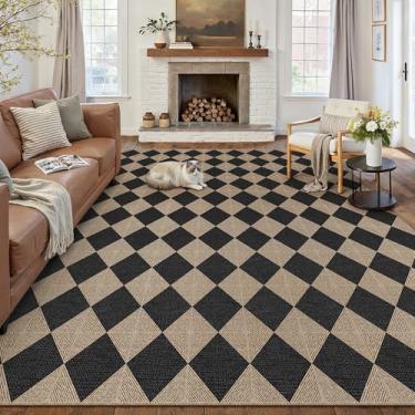 Imagem de PureCozy Tapete quadriculado de juta fácil de 20 x 25 cm para sala de estar, grande quadriculado, lavável, interior, exterior, quinta, pátio, escritório, texturizado, diamante, antiderrapante, tapete