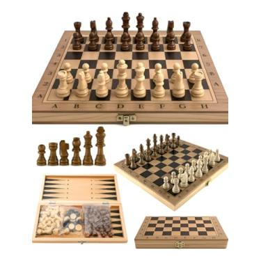 Imagem de Jogo de Xadrez 3 em 1 Dobrável 29x29cm – Madeira Premium, Peças Sustentáveis em Rolhas com Resina, Dama e Gamão, Portátil com Fechadura Dourada