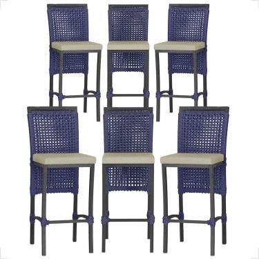 Imagem de 6 Banqueta Em Alumínio Roma Preta Corda Náutica Tecido 7 Azul