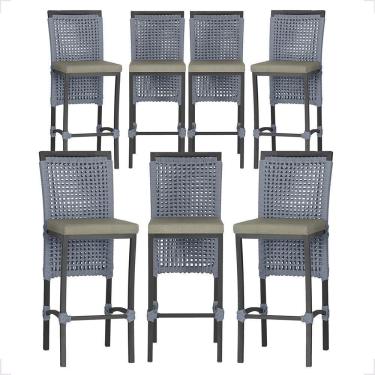 Imagem de 7 Banquetas Em Alumínio Roma Preta Corda Náutica Tecido 8 Prata