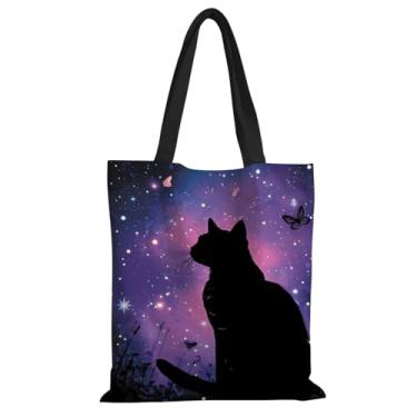 Imagem de ANNA QUEEN Sacola de lona Merry Christmas, bolsa de ombro com alça para academia, ioga, fim de semana, piquenique, praia, viagem, cozinha, Céu estrelado gato preto, 13.7 X 15.7 Inches, Casual