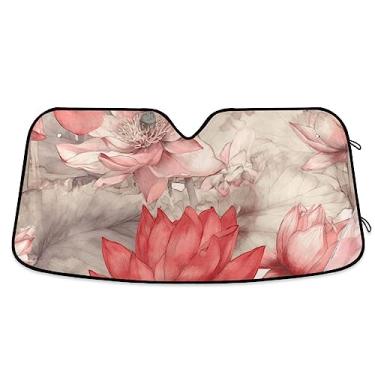 Imagem de Sombra de sol floral em aquarela de lótus premium para janela de carro, proteção UV, persiana dobrável de janela de carro, para caminhão, SUV, carro mantenha fresco