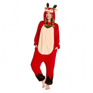 Imagem de OLAOLA Macacão adulto, fantasia de cosplay de animal unissex, pijama de flanela peça única para o dia das bruxas, Rena, M