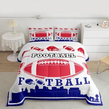 Imagem de Erosebridal Jogo de edredom casal de futebol americano, vermelho e azul, para crianças, meninos e adolescentes, lençol com 2 fronhas, edredom retrô de rúgbi, macio (búfalo)