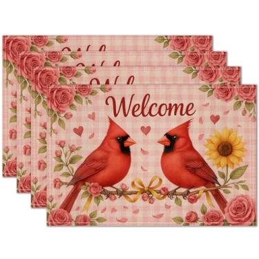 Imagem de HOMETITUTE Jogo americano de dia dos namorados, conjunto de 4 tapetes de mesa de pássaros de boas-vindas de 30,5 x 45,7 cm para jantar, roupa de cama, decoração de cozinha de fazenda, tapete de mesa