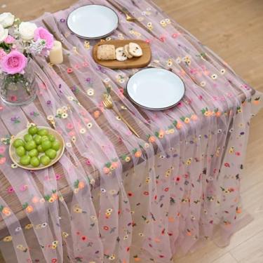 Imagem de Horaldaily Toalha de mesa floral bordada quadrada de 152 x 152 cm, capa de mesa lavável de flores silvestres rosa primavera verão decorações de festa de jardim para casamento, festa, jantar de férias