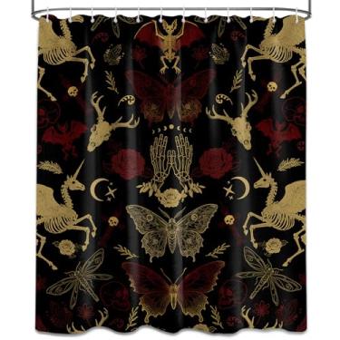 Imagem de DLTAY Cortina de chuveiro gótica preta e vermelha esqueleto gótico crânio cortinas de chuveiro para decoração de banheiro, tecido impermeável com ganchos, 152 x 182 centímetros