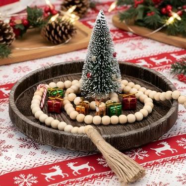 Imagem de Bandeja redonda de madeira natural, bandeja de mesa rústica e guirlanda de contas de fazenda com contas decorativas de borla para mesa de jantar de café, bandeja em camadas para decoração de parede