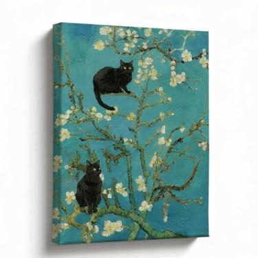 Imagem de Pintura a óleo de árvore de amendoeira com gatos, arte de parede em tela floral inspirada em Van Gogh, decoração estética de gato para quarto, sala de estar, arte de primavera pastel, ideia de