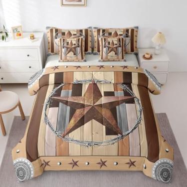 Imagem de Feelyou Jogo de edredom com estampa de estrela do oeste do Texas com 7 peças, Queen, asteca ocidental, para crianças, meninos, meninas, caubói selvagem em uma bolsa, de madeira, rústico, decoração de