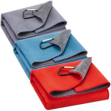 Imagem de Soulchen Pacote com 3 toalhas de golfe 40,6 cm x 40,6 cm com mosquetão clipe gancho e fecho de laço acessórios de toalha de limpeza portátil para sacos de golfe presentes para golfistas homens e
