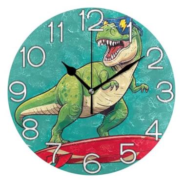 Imagem de Relógio de parede verde legal dinossauro azul-petróleo analógico decorativo escritório cozinha funciona a bateria, decoração de sala de estar, arte moderna, 25 cm, ponteiros pretos