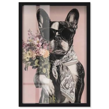 Imagem de Frenchie with Bouquet Shadowbox Print Pets Glam Wall Art por Art Remedy, moldura preta, 43 x 63 cm