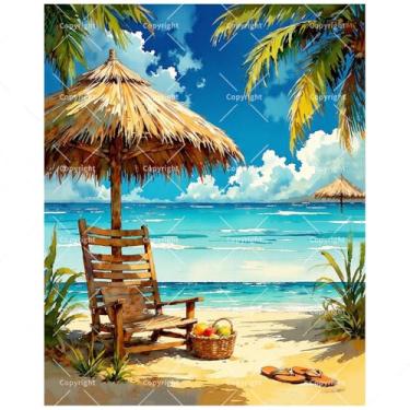 Imagem de Kit de pintura de cena de praia por números para adultos – cadeira tropical à beira-mar e pintura de palmeira em tela, conjunto de tinta acrílica, adequado para iniciantes, arte para decoração de casa