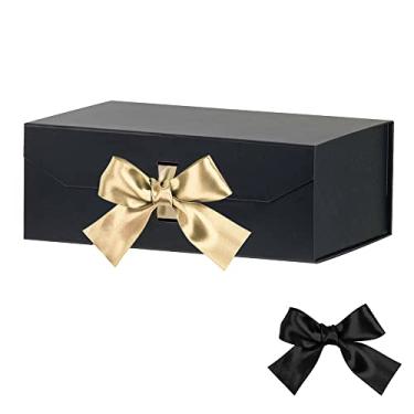Imagem de Caixa de presente preta grande com fita e tampa de fecho magnético, 30 x 20 x 11 cm - Caixa de pedido de dama de honra para festival (preto fosco)