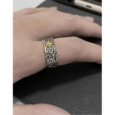 Imagem de Anel masculino ajustável com padrão solar, anel aberto de latão banhado a prata, Latão banhado a prata, Sem pedra preciosa