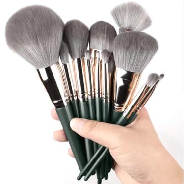 Imagem de Conjunto de pincéis de maquiagem de nuvem verde de 14 peças – Cerdas supermacias, pó, corretivo, sombra, iluminador, pincéis de mistura, fibra sintética + plástico