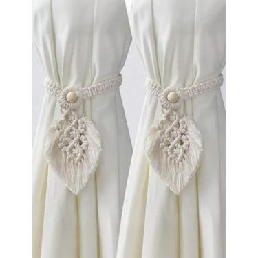 Imagem de Pacote com 2 laços de cortina de macramê Boho – Retentores de cortina em forma de folha feitos à mão, laços de cortina de corda tecida, tratamentos decorativos de janela para quarto e sala de estar