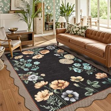 Imagem de GarveeHome Tapetes florais laváveis 15 x 23 cm, tapetes antiderrapantes para sala de estar, 15 x 23 cm, tapete boho macio resistente a manchas com traseira de borracha para sala de jantar, preto