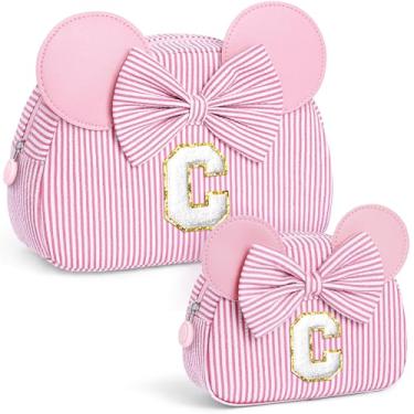 Imagem de QLOVEA Presentes de Natal para netos, bolsa de cosméticos inicial, bolsa de maquiagem de viagem, presentes de aniversário personalizados para crianças, rosa