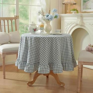 Imagem de HAIRUO Toalha de mesa xadrez azul redonda de algodão para festas de casamento, cozinha, piquenique, decoração de casa (xadrez azul, redondo, 178 cm)