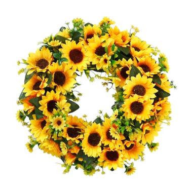Imagem de Pssopp Grinalda Decorativa da Flor, Grinalda Artificial do Girassol das Folhas Verdes que Pendura Decorações para Todas As Estações Ao Ar Livre Interno (Diâmetro Externo 40cm)
