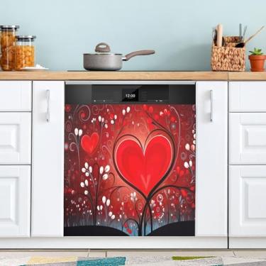 Imagem de ATTX Capa magnética para lava-louças coração vermelho dos namorados | Adesivo decorativo de eletrodomésticos de 58 x 66 cm para armários domésticos e eletrodomésticos #63
