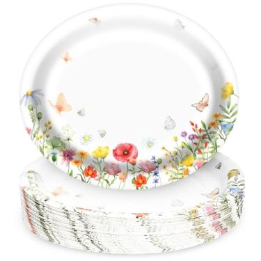 Imagem de EggSun Pratos ovais florais de primavera 25,4 x 30,5 cm, grandes pratos de papel descartáveis e resistentes, tema de flores para aniversário, casamento, chá de bebê, dia das mães, suprimentos para chá
