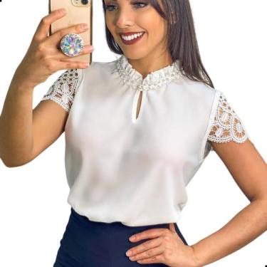 Imagem de Blusa Social Evangélica Feminina Renda Gola Pedrinhas - Look Modas Oct