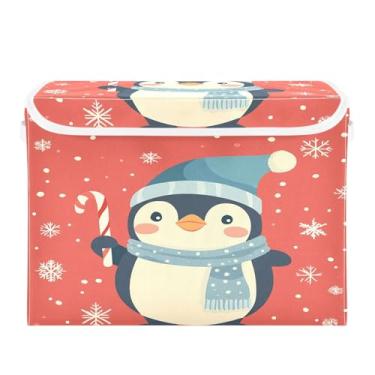 Imagem de Wassud Cestas de armazenamento de Natal com tampas, caixotes dobráveis de pinguim, empilháveis, cestas de linho, recipiente organizador de armário 42 x 32 x 30 cm