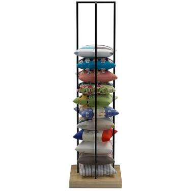 Imagem de Rack de exibição de travesseiro comercial de piso, prateleira de armazenamento de almofada de ferro para varejo e hotel, design preto e branco elegante, formato quadrado, maximiza a visibilidade e