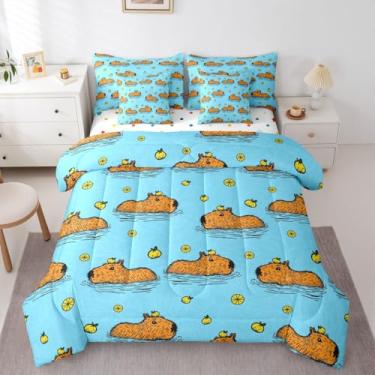 Imagem de Erosebridal Conjunto de edredom de 7 peças Capybara para crianças, crianças, amantes de animais, para meninos, adolescentes, frutas, limão, tema natural, azul, marrom, decoração de quarto, colcha