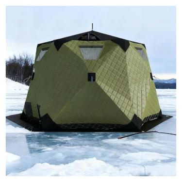 Imagem de Barraca de abrigo portátil para pesca no gelo para 6 a 10 pessoas, 2,6 x 2,6 m com fogão e piso, equipamento de pesca no gelo para acampamento de inverno impermeável, cabana de gelo durável para