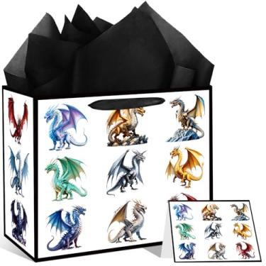 Imagem de LUUFILx Bolsa de presente de dragão, lembrancinhas de festa de aniversário de dragão com cartão de papel de embrulho, bolsa de presente de aniversário de dragão para meninas, meninos, decorações de