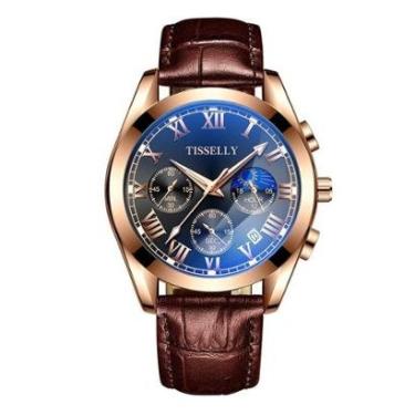 Imagem de Relógio Masculino Dourado Social Tisselly Pulseira Marrom-Masculino