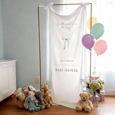 Imagem de HunnmingRe 152.4 cm x 61.0 cm Tecido Baby Shower Welcome Banner Sign A Little Pearl Is on the Way Grande Suporte de Exibição de Boas-Vindas Decoração com Fita de Laço para Cerimônia de Jardim Gramado