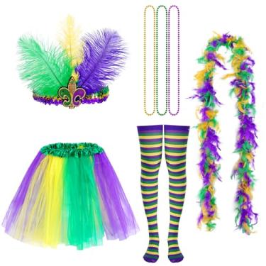 Imagem de Yolyoo Conjunto de 8 peças de acessórios de fantasia de carnaval, saia tutu, meia máscara de penas sintéticas, contas de carnaval, meias longas, boá de penas fofas para mulheres e meninas