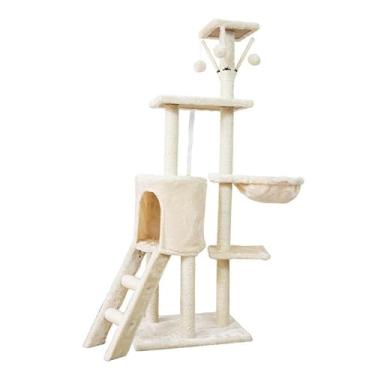 Imagem de GoofyPet Torre de árvore de gatos com vários níveis de 138 cm para gatos grandes em ambientes internos – poleiro extra largo com 2 condomínios, postes para arranhar, rampa, cesta suspensa, brinquedos